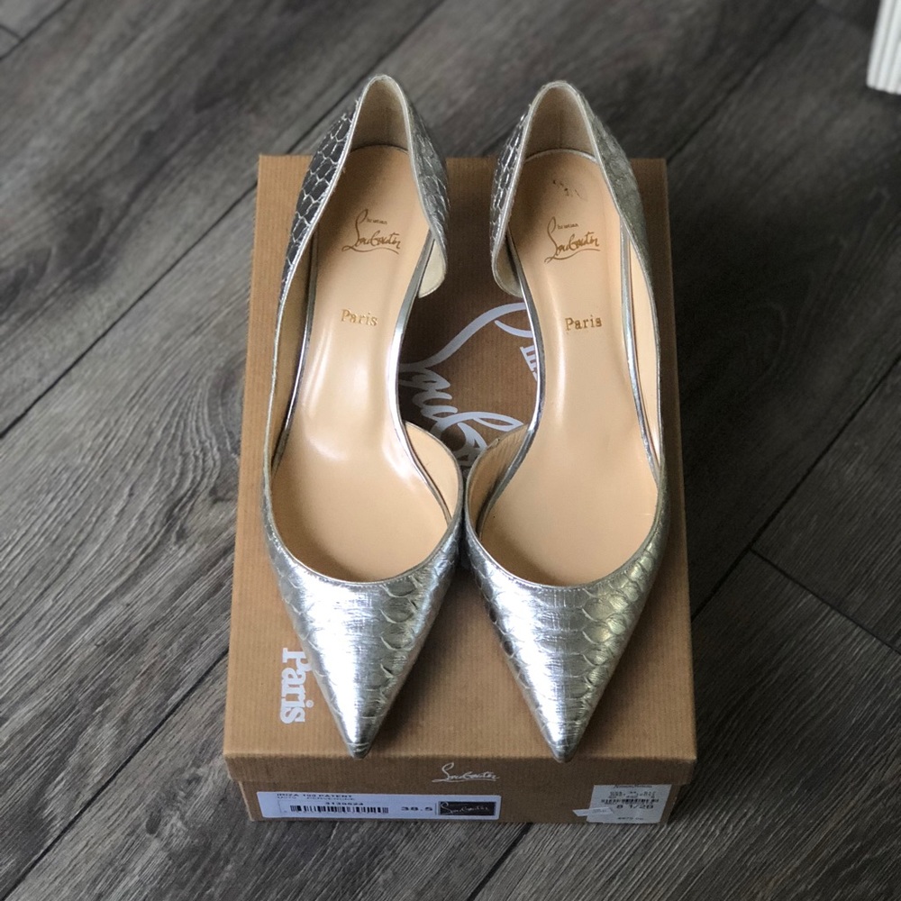 Louboutin Iriza Snake embossed silver kitten heels